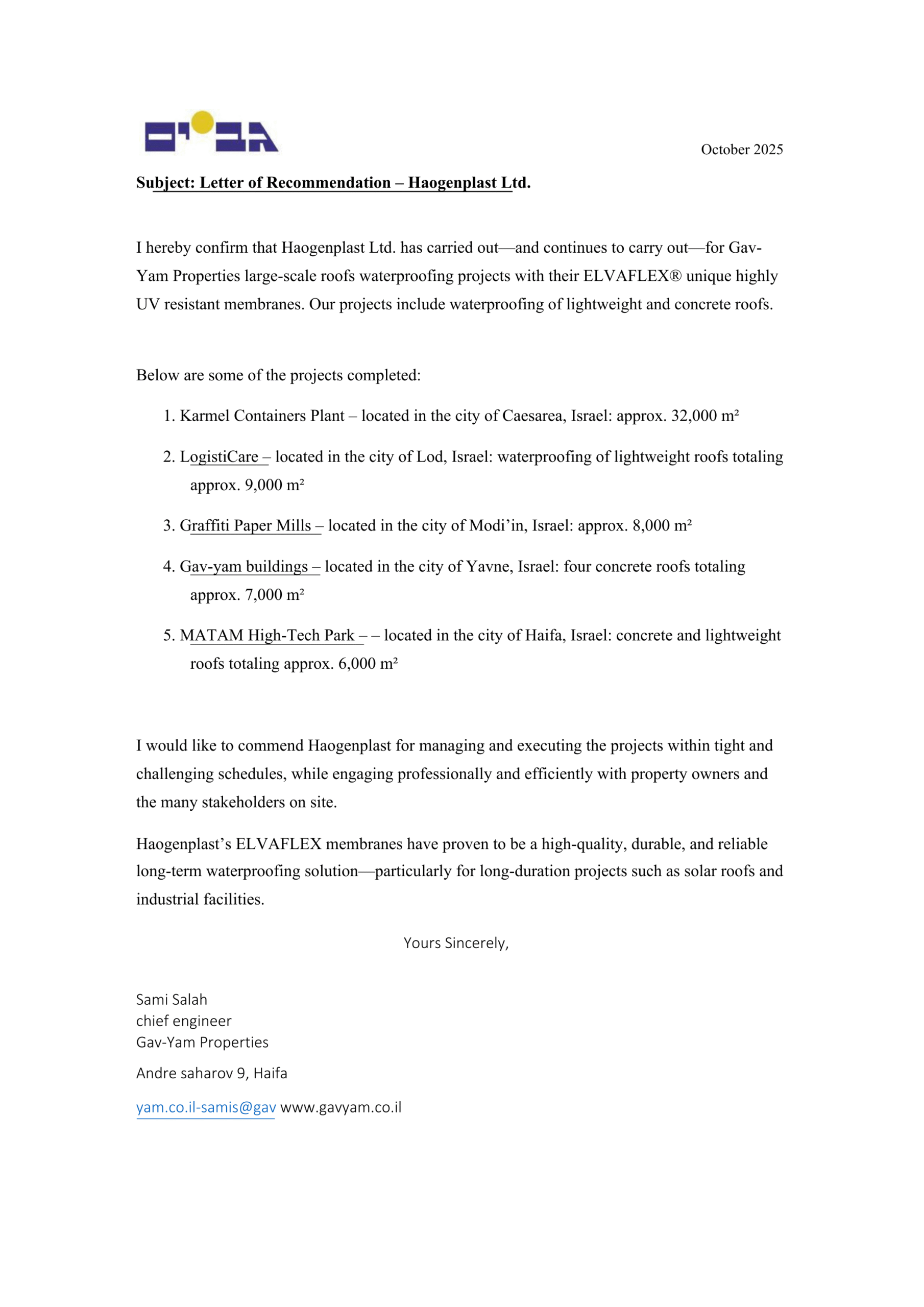 Elvaflex 1.2mm Roofing - Testimonial Gev Yam