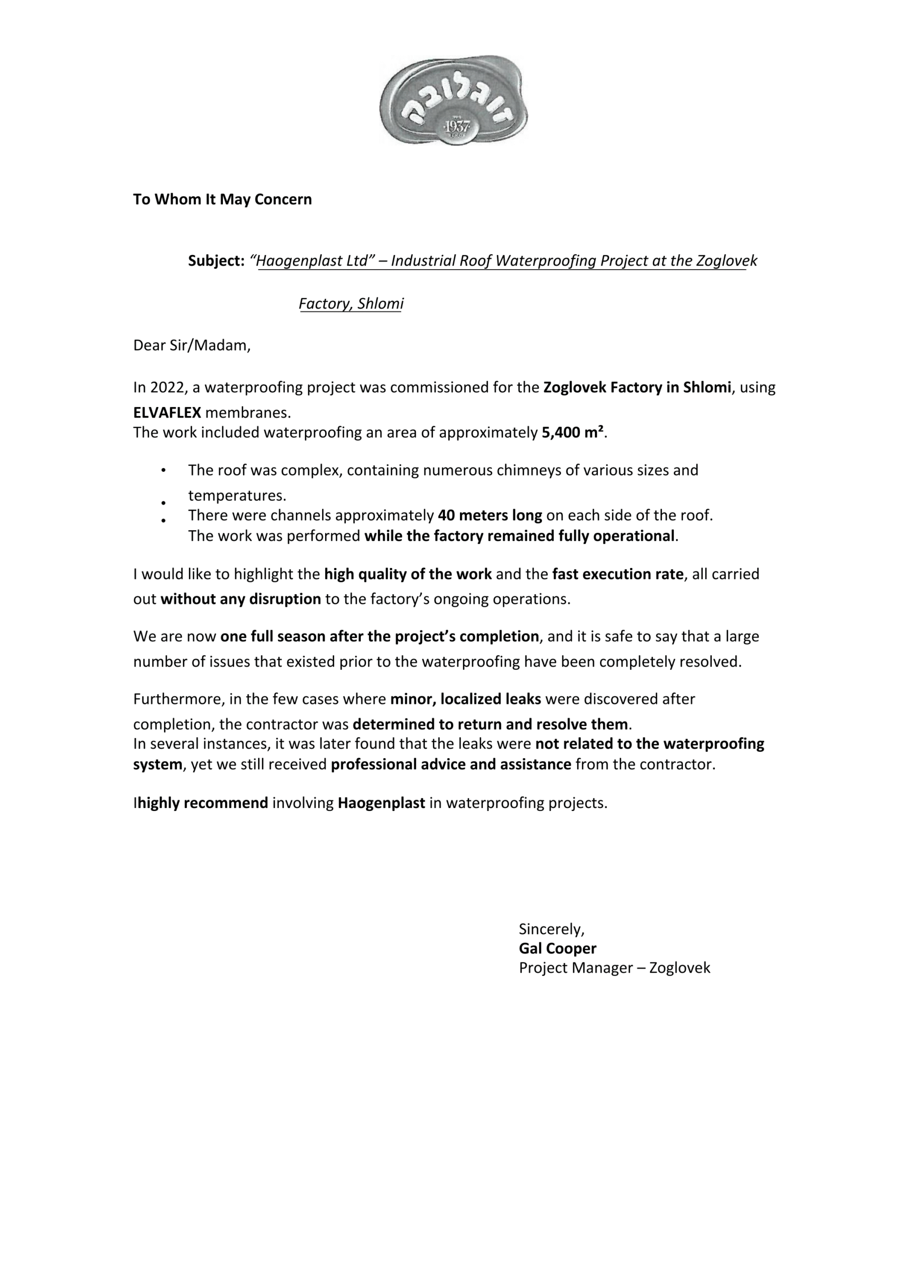 Elvaflex 1.2mm Roofing - Testimonial Zoglovak