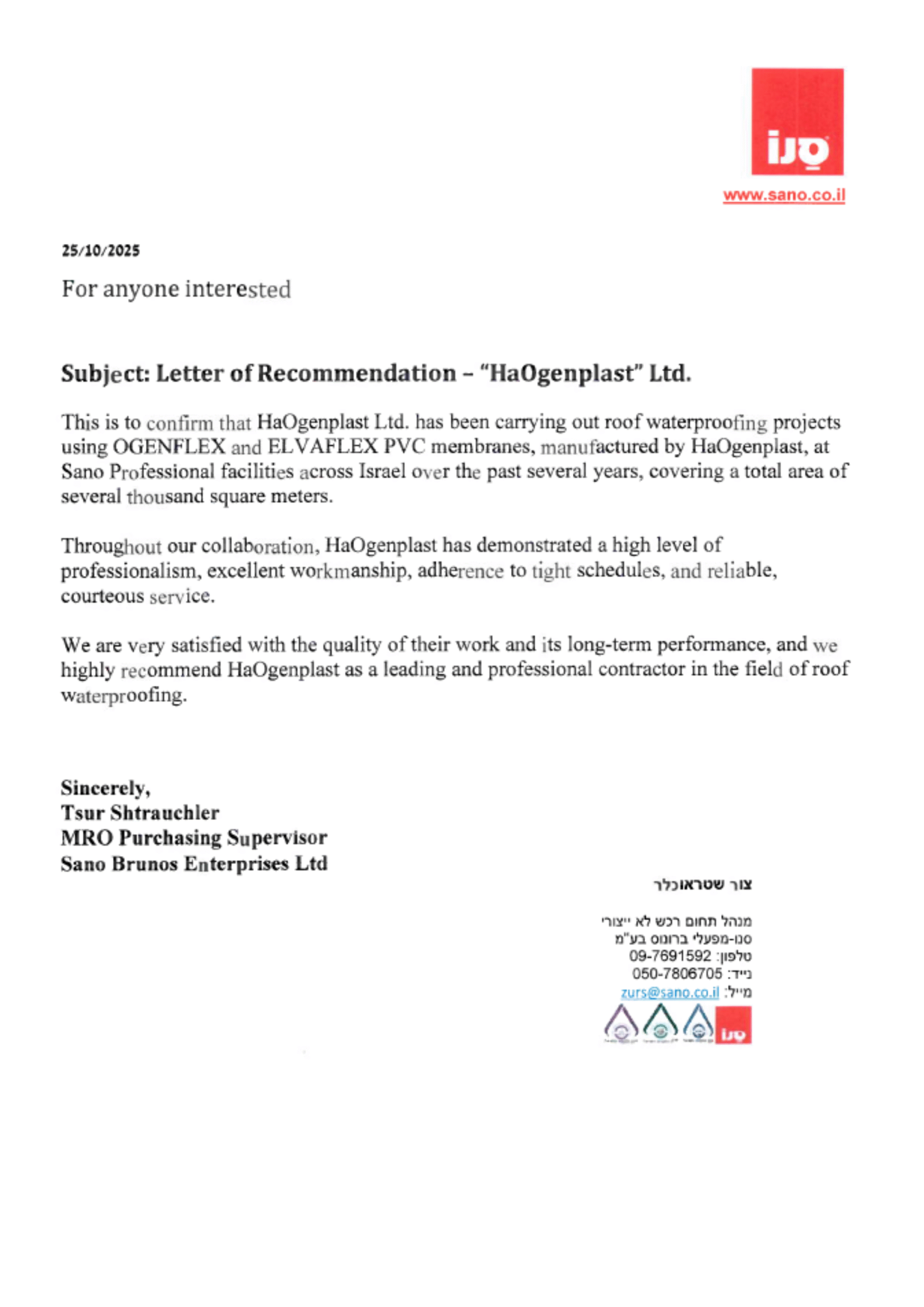 Elvaflex 1.2mm Roofing - Testimonial Sano