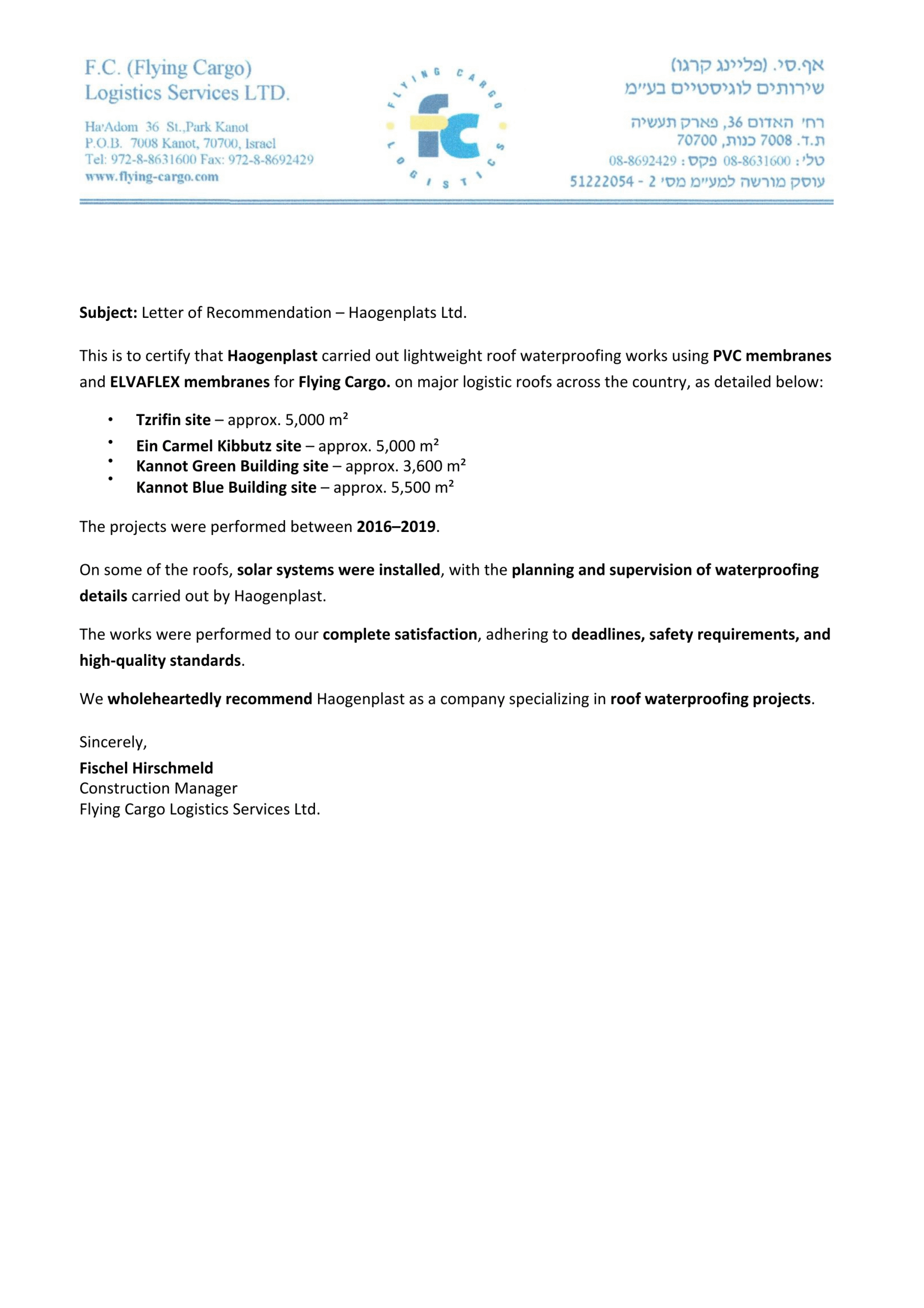 Elvaflex 1.2mm Roofing - Testimonial Flying Cargo