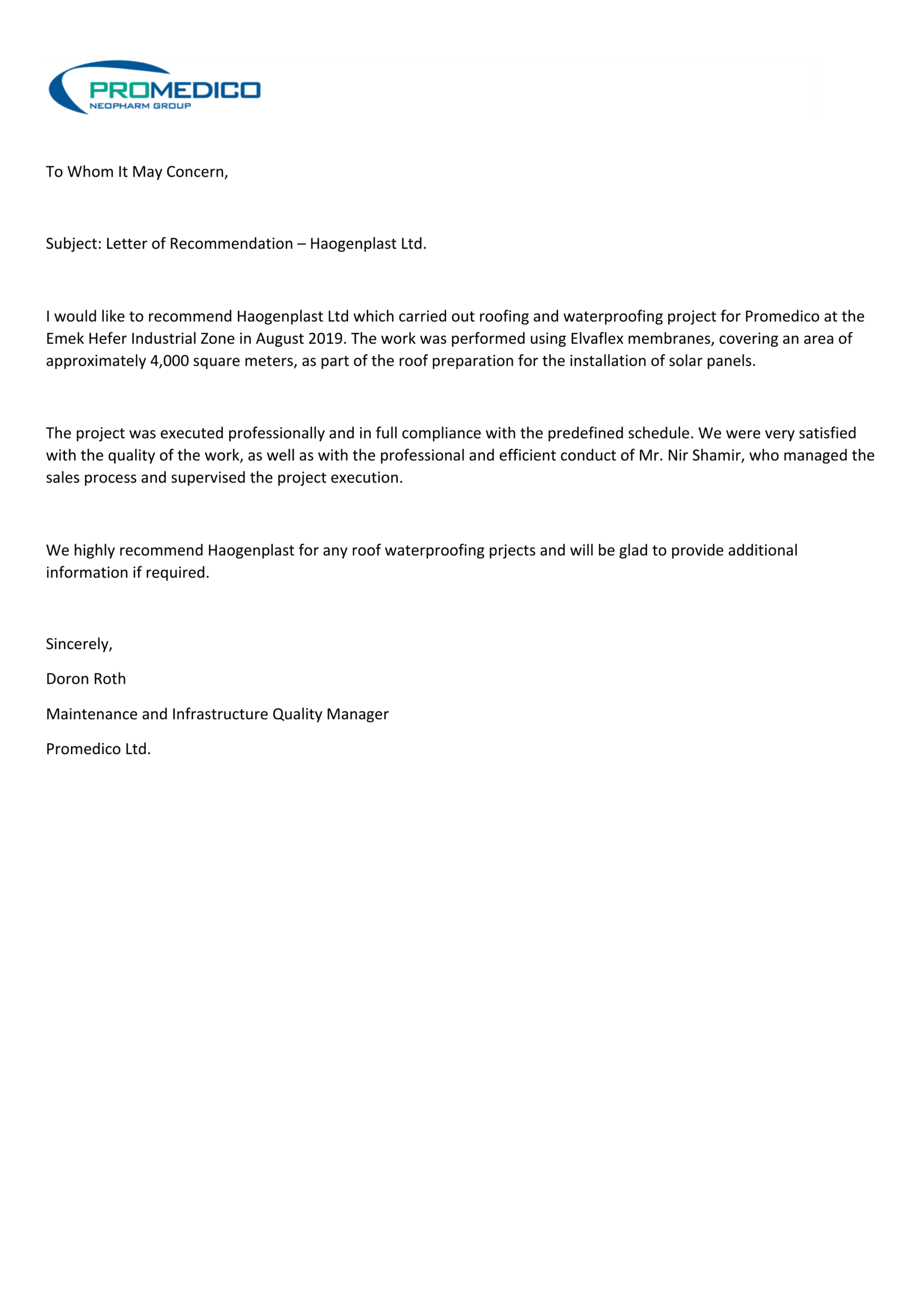 Elvaflex 1.2mm Roofing - Testimonial Promedico