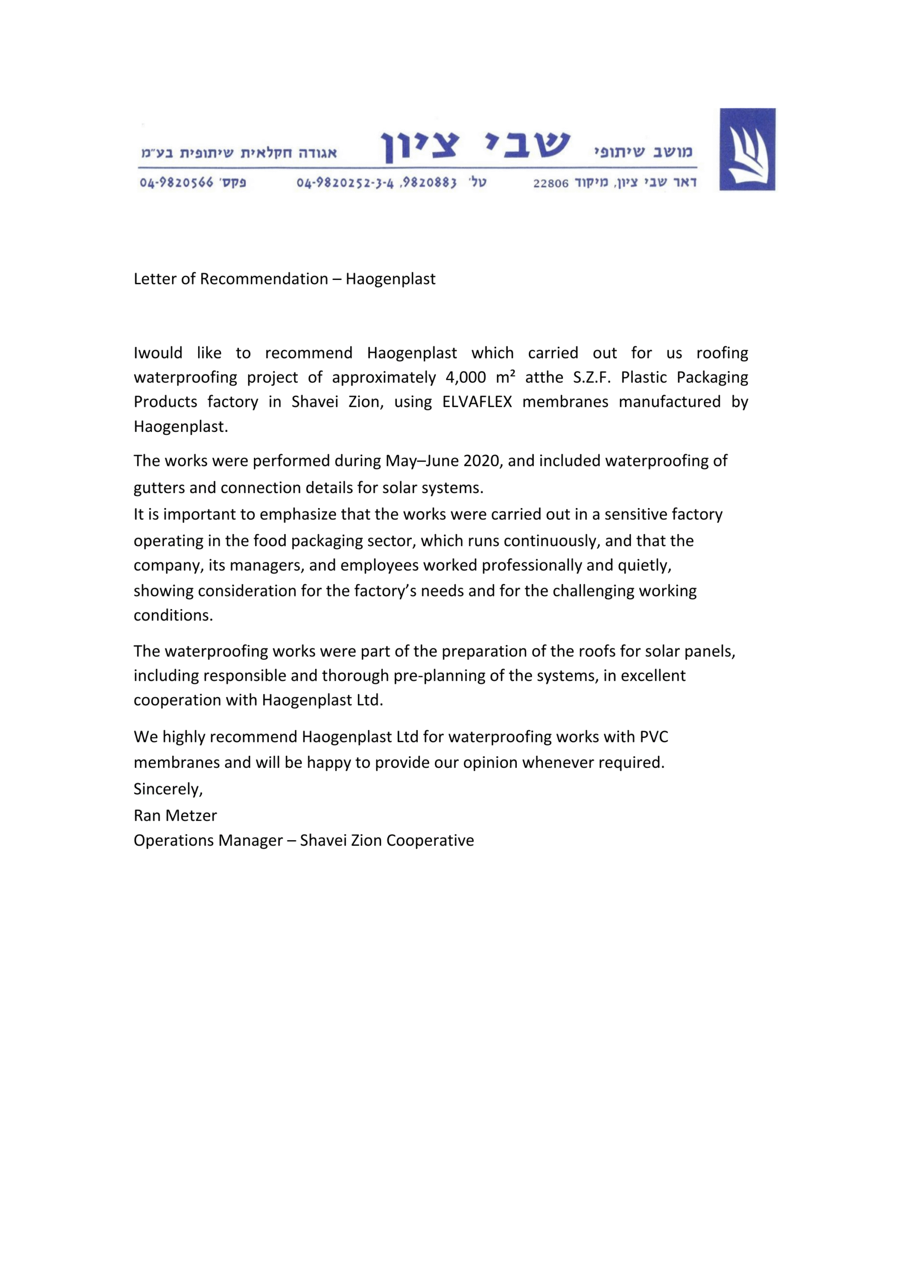 Elvaflex 1.2mm Roofing - Testimonial Shavey Zion